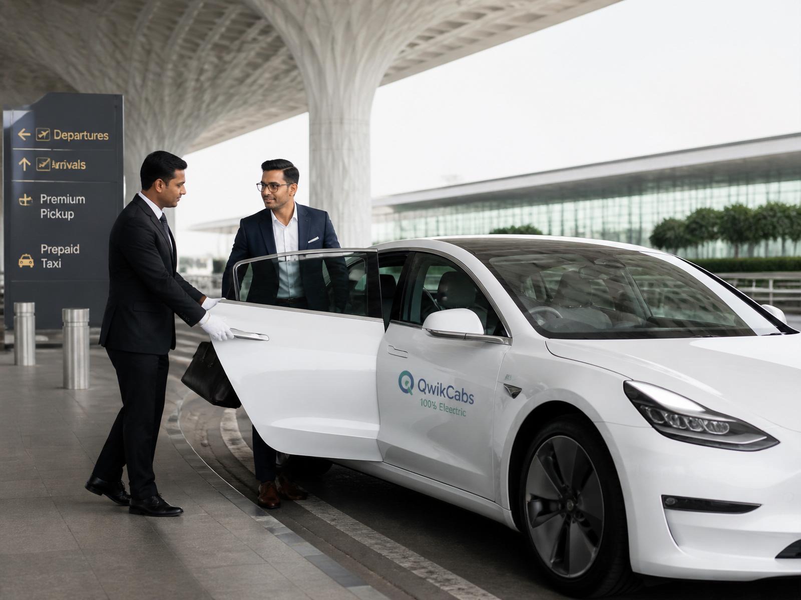 QwikCabs chauffeur greeting a business traveler beside a premium electric sedan at an Indian airport